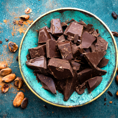 A bowl of dark chocolate pieces